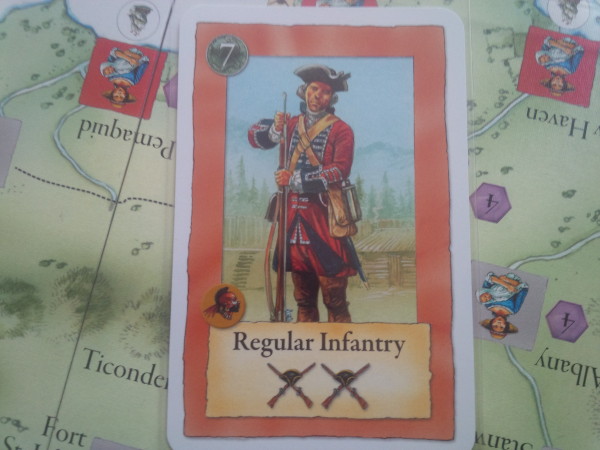 A British Empire card. These cards are open and available for you to add to your deck (British player only, of course! The French Canadians have their own Empire deck). The infantry will assist you in a siege (attacking or defending) and will cost you 7 coins to recruit.