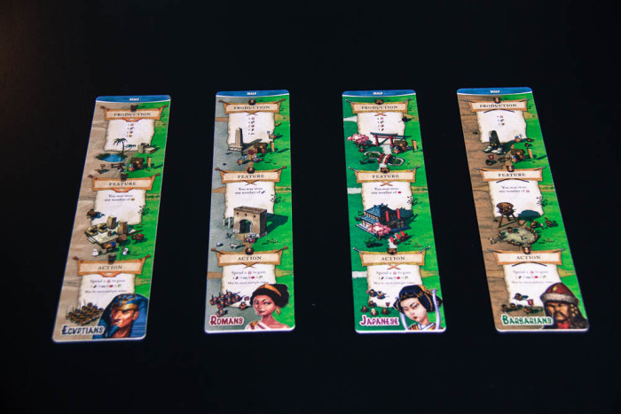 Each of the four civilization cards is double sided, featuring a male and female leader portrait.
